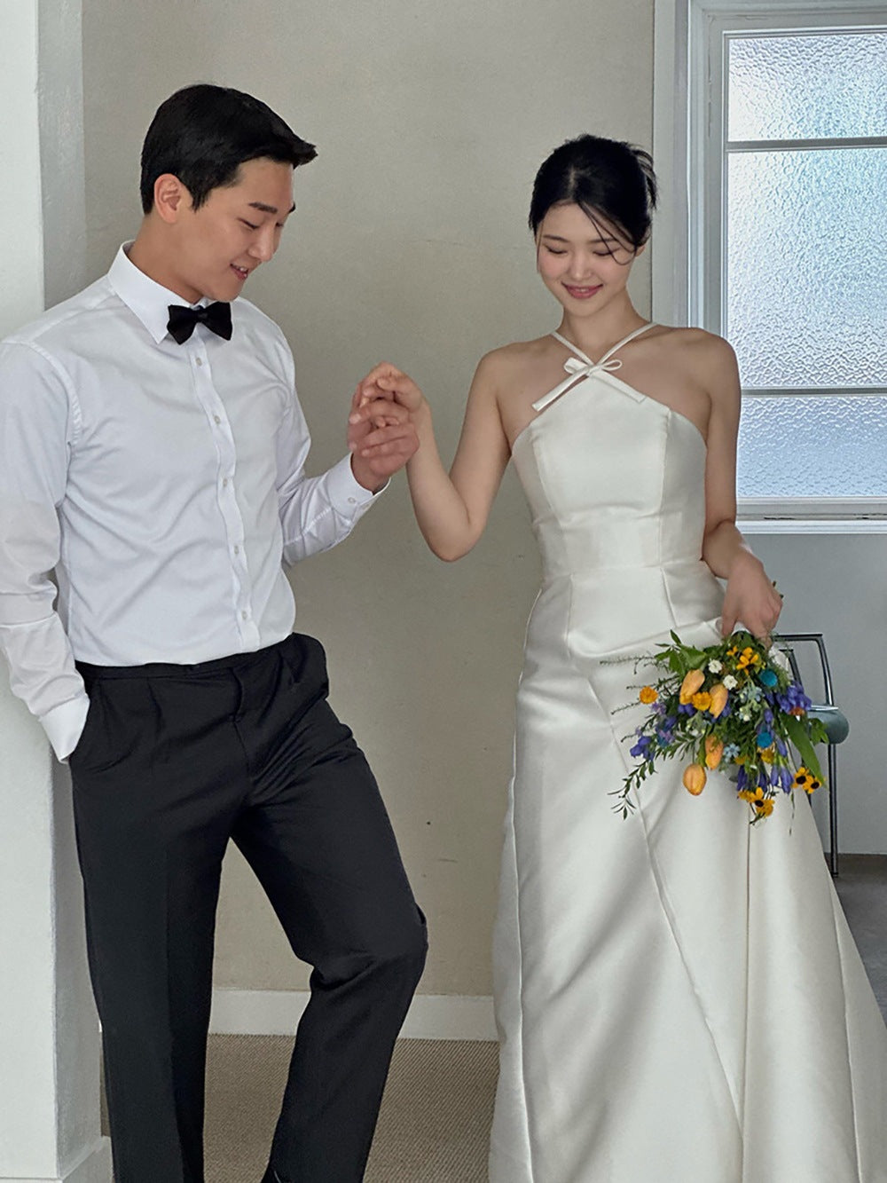 Minimal Cross-Halter Satin Bridal Dress