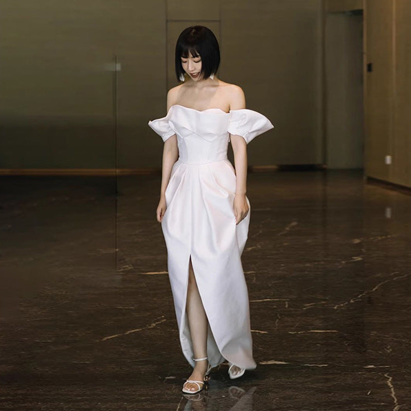 Off-Shoulder White Slit Dress