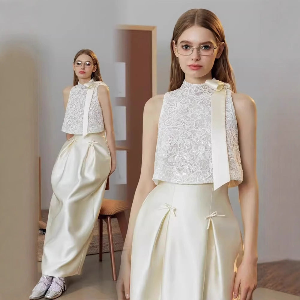 Lace Halter Top & Satin Skirt Set