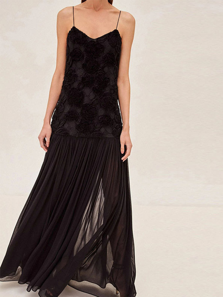 Floral Appliqué Chiffon Maxi Dress