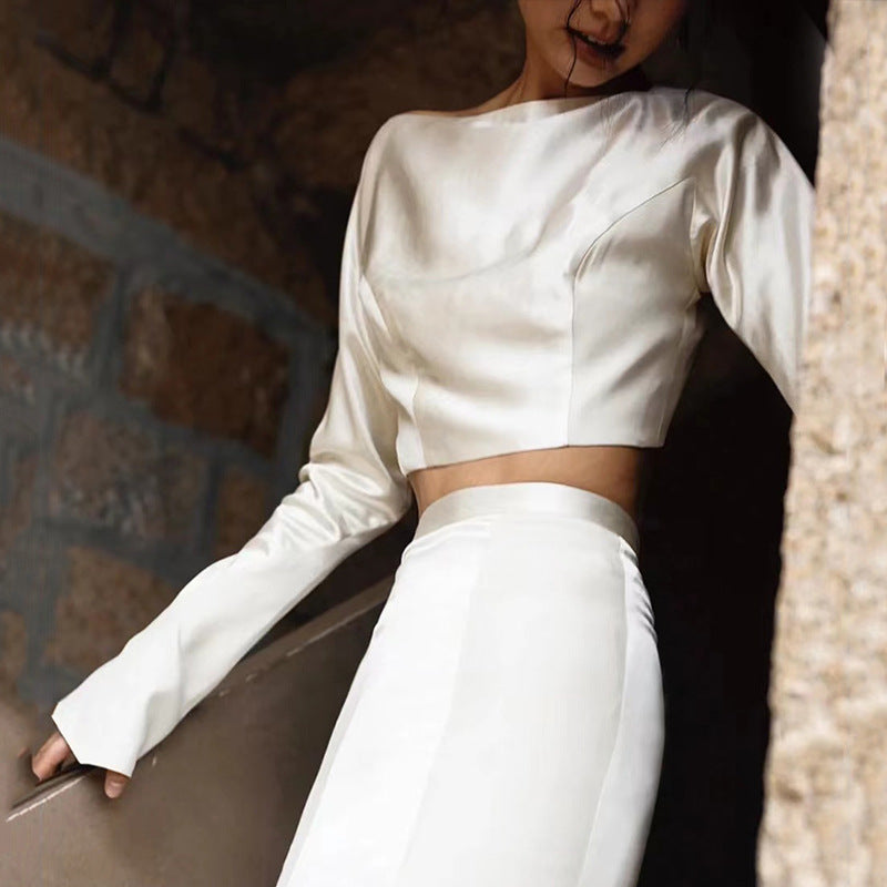 Minimal Long-Sleeve Crop Top & Slit Skirt Set