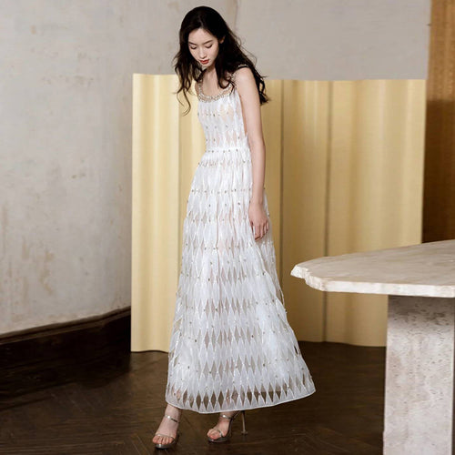 Beaded Strap Cutwork Long Dress