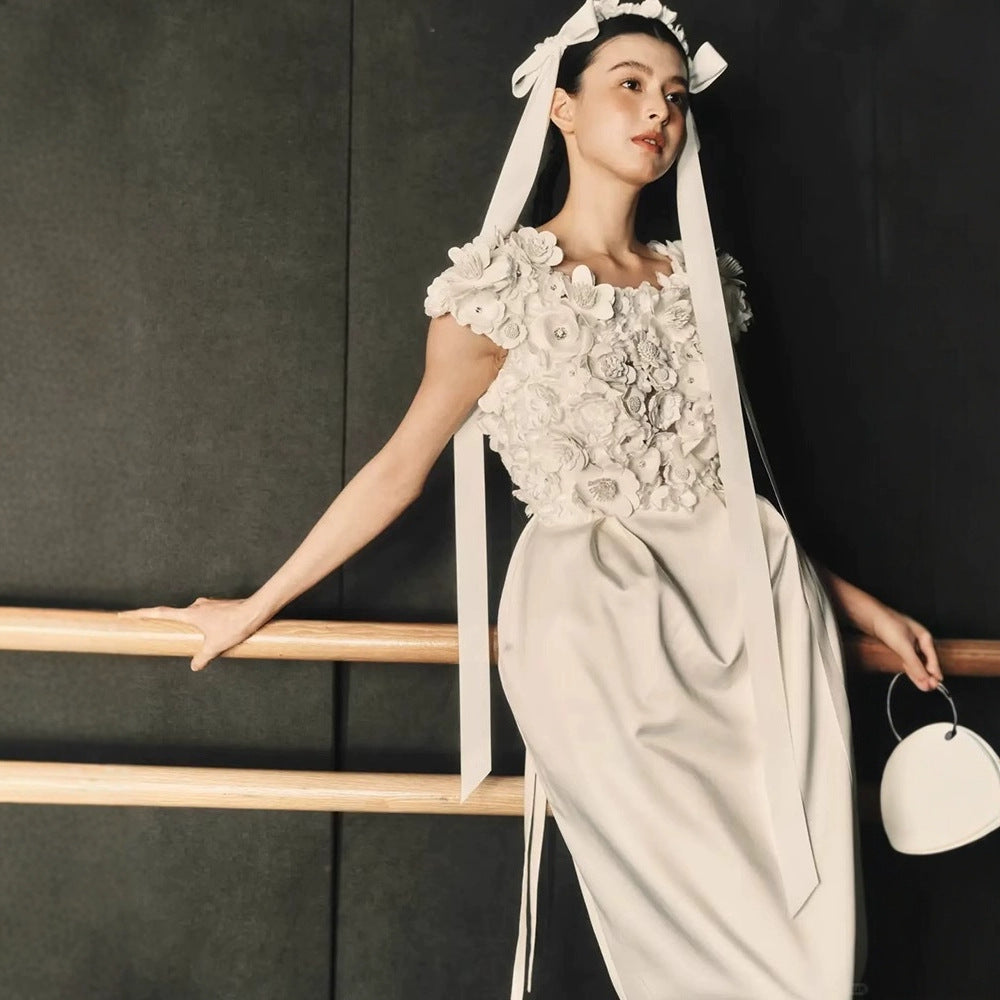 3D Floral Appliqué Long Dress with Ribbon Detail